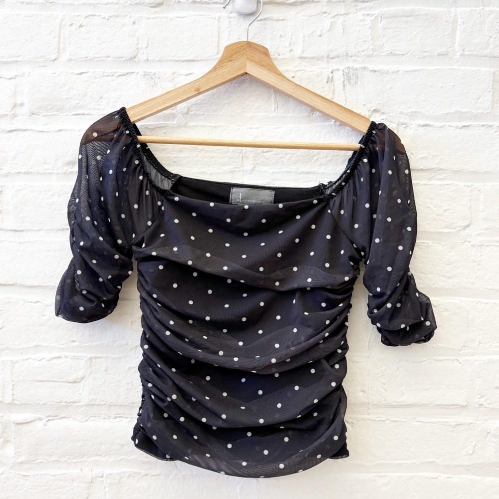 Anthropologie‎ || Shirred Mesh Top Polka Dot Black XXS